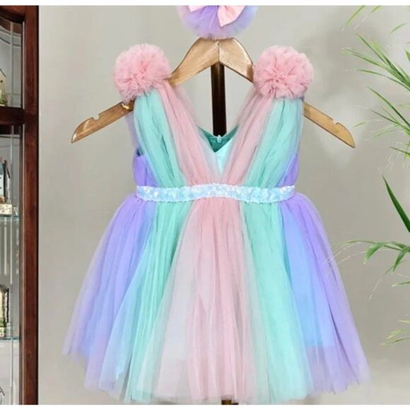 Baby Girls Tulle pom pom Unicorn Birthday Party Dress Size 1 Year - Picture 1 of 16
